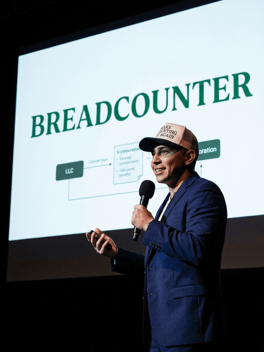 Chris Ferretti, founder of Breadcounter, speaking at a conference