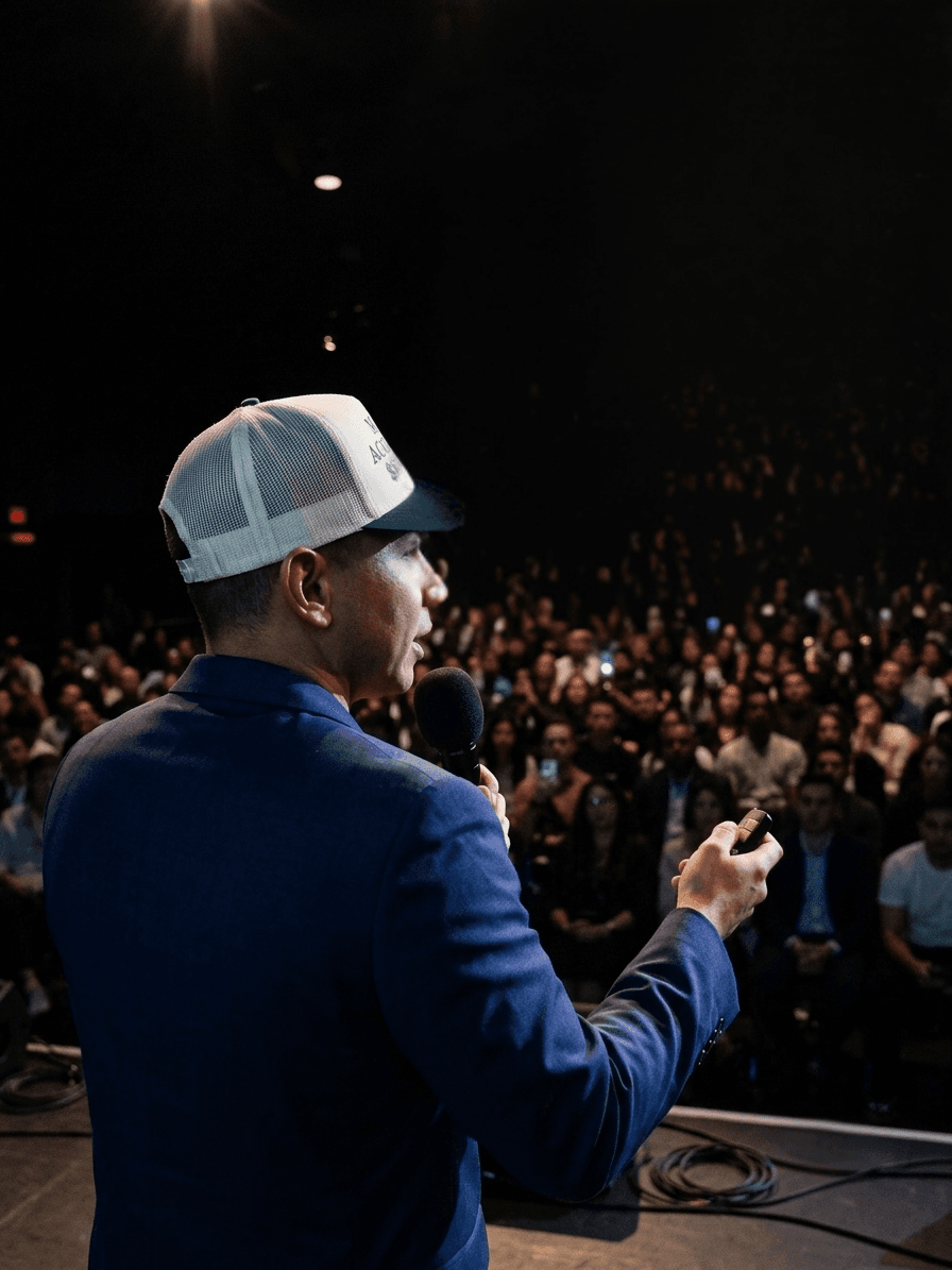 Chris Ferretti on stage speaking to a crowd
